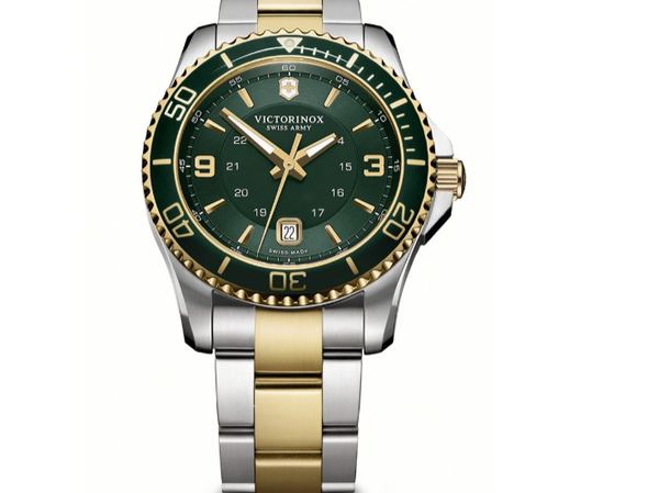 Victorinox Swiss Army Maverick watch with green dial and two-tone bracelet